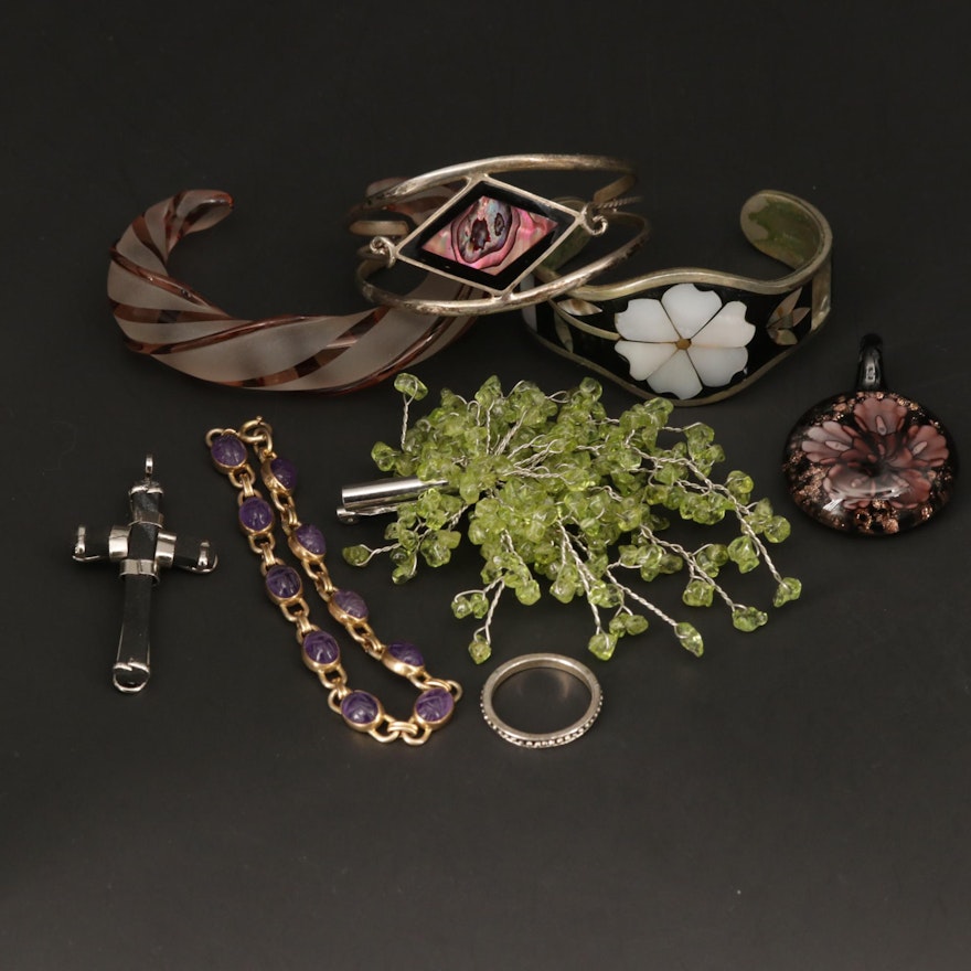 Assorted Bracelets, Brooch, Ring and Pendants With Amethyst, Peridot and Abalone