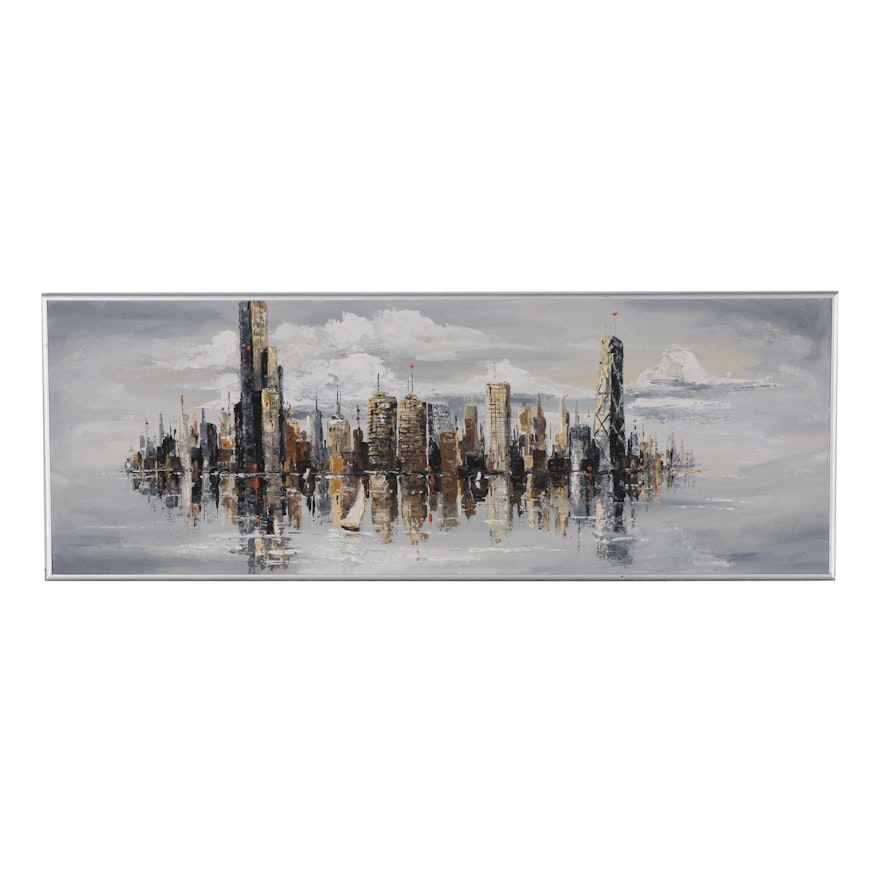 Abstract Oil Painting of City Skyline, 20th Century