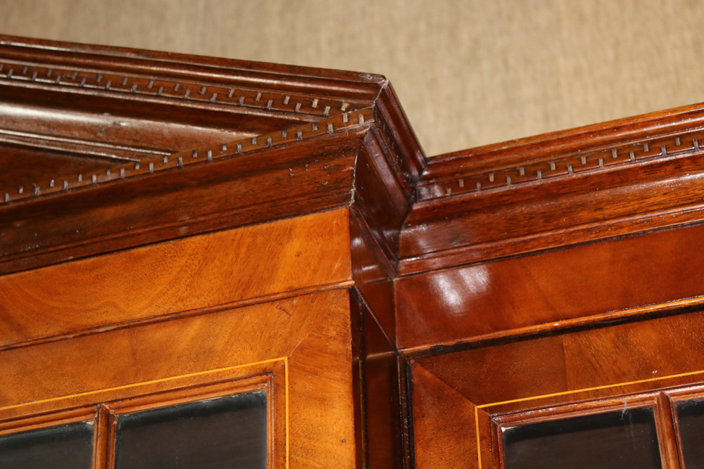 George III Style String-Inlaid Mahogany Secretaire Breakfront Bookcase, 19th C.
