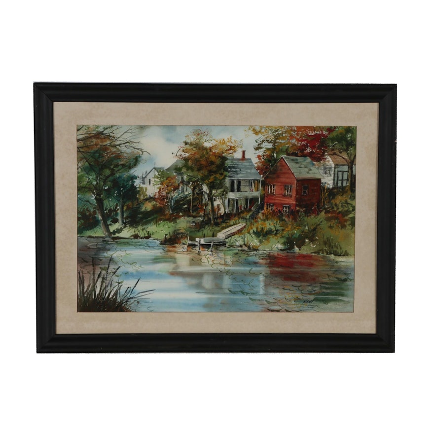 Watercolor Painting of River Scene