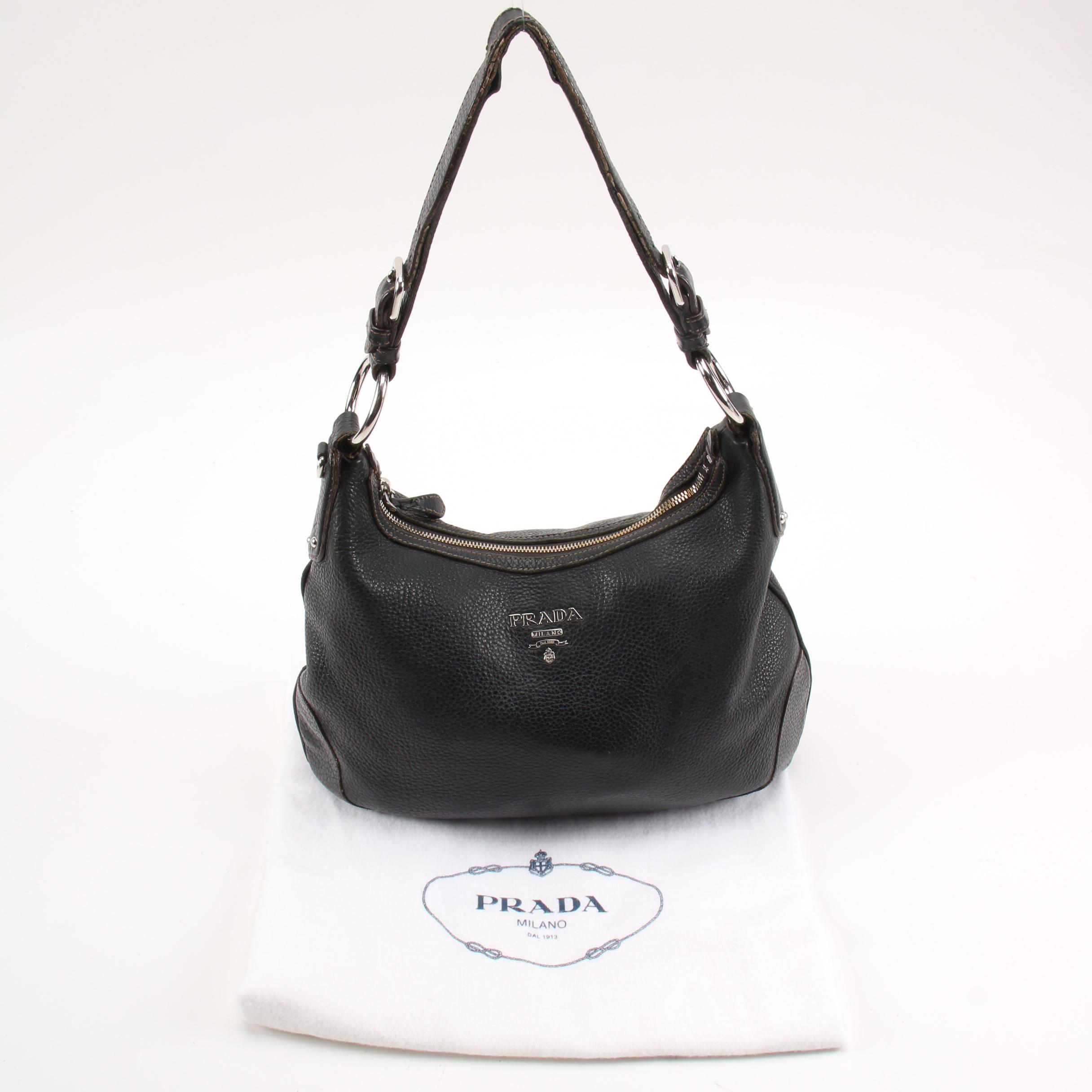 Prada Black Vitello Daino Grained Leather Hobo Bag