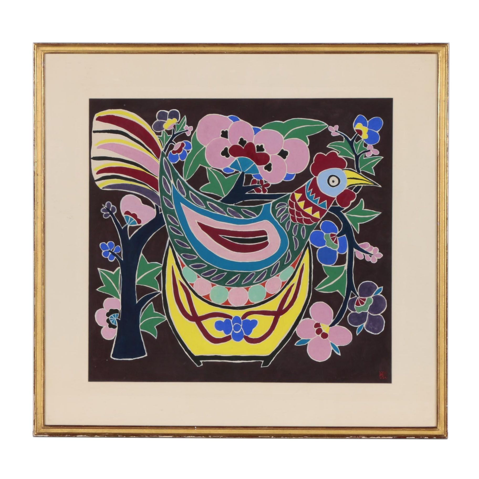 Chinese Gouache Folk Painting of Chicken