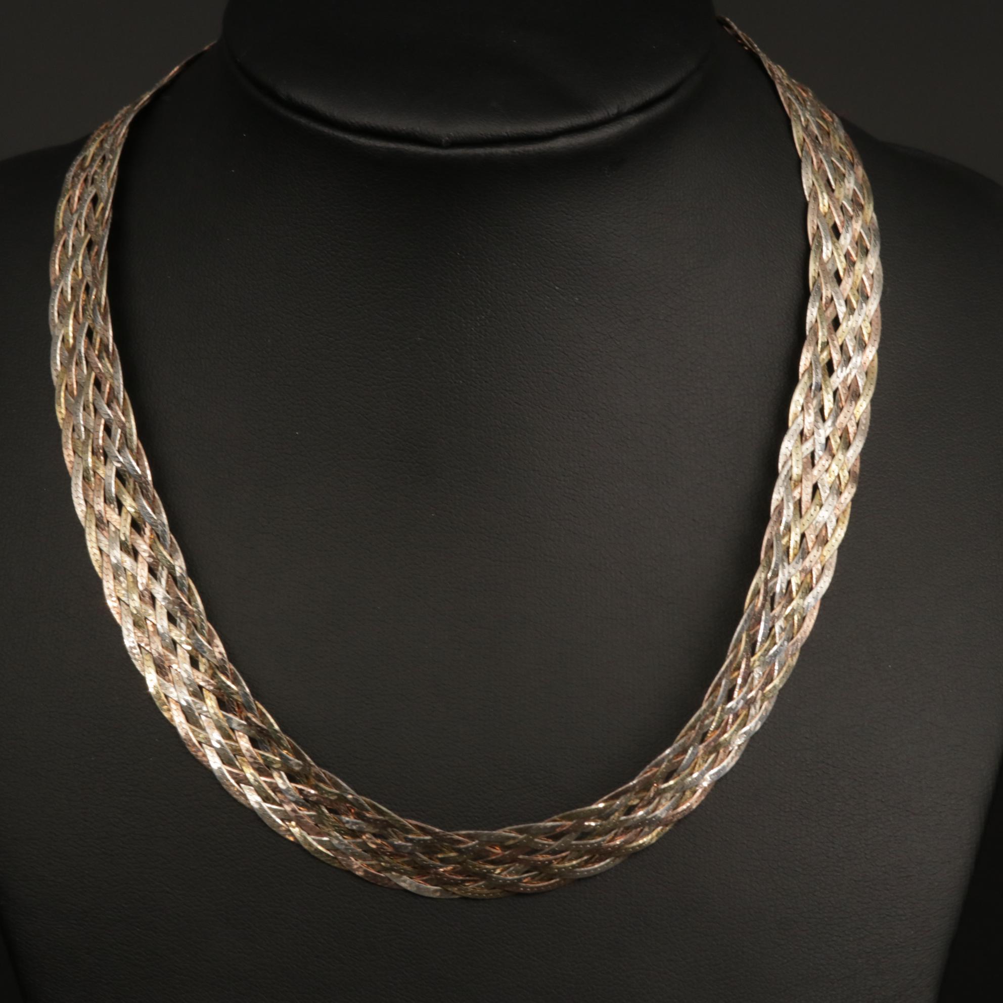 Sterling Silver Braided Tri-Color Herringbone Necklace