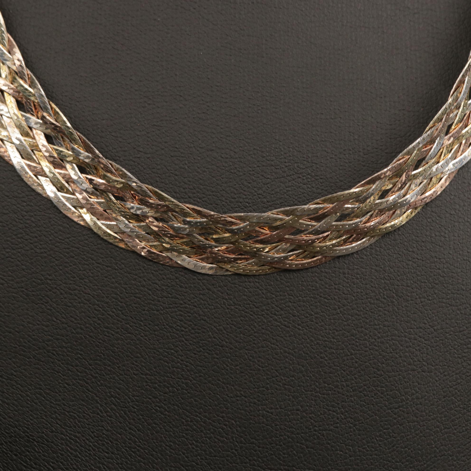 Sterling Silver Braided Tri-Color Herringbone Necklace