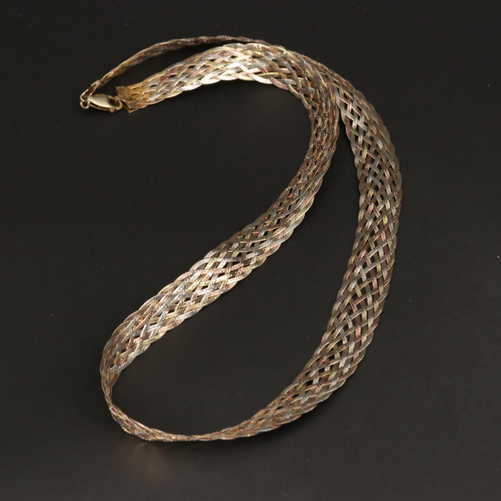 Sterling Silver Braided Tri-Color Herringbone Necklace