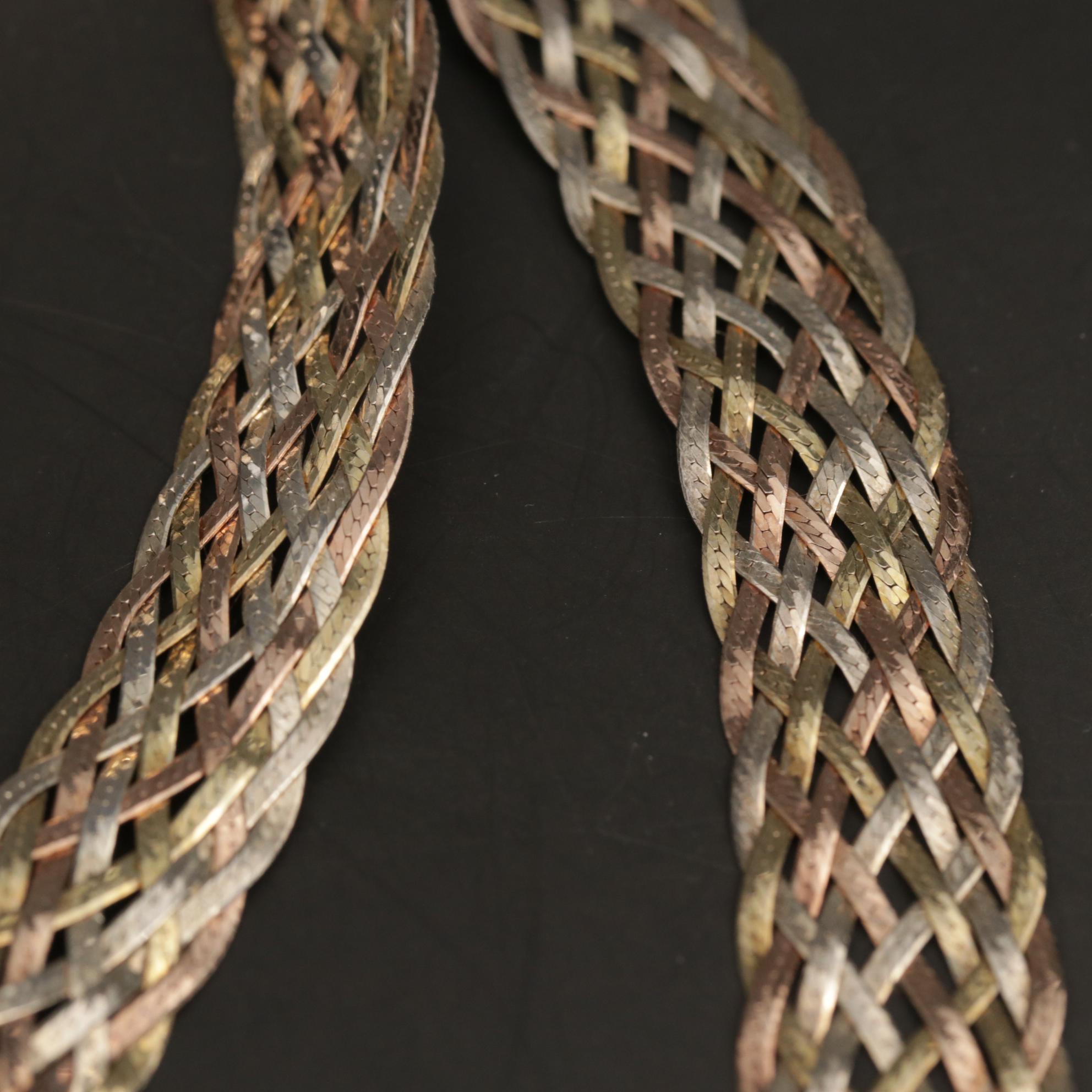 Sterling Silver Braided Tri-Color Herringbone Necklace