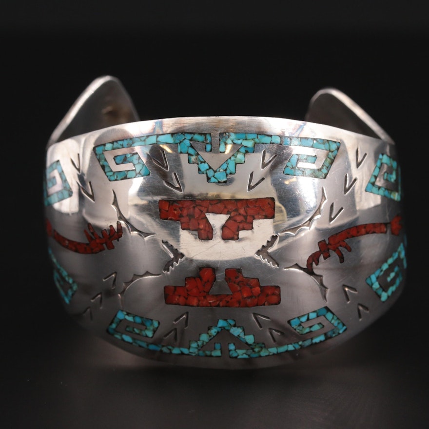 Southwestern Style Sterling Silver Chip Turquoise and Coral Cuff Bracelet