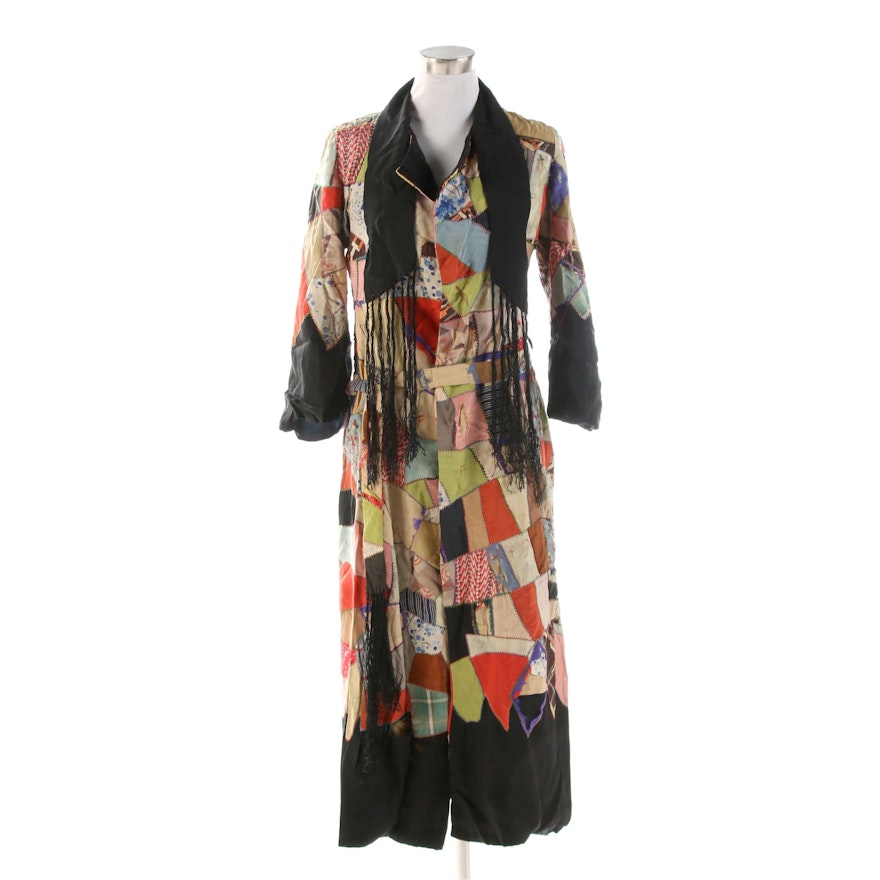 Patchwork and Antique Silk Duster with Fringe and Matching Belt, 1920s Vintage