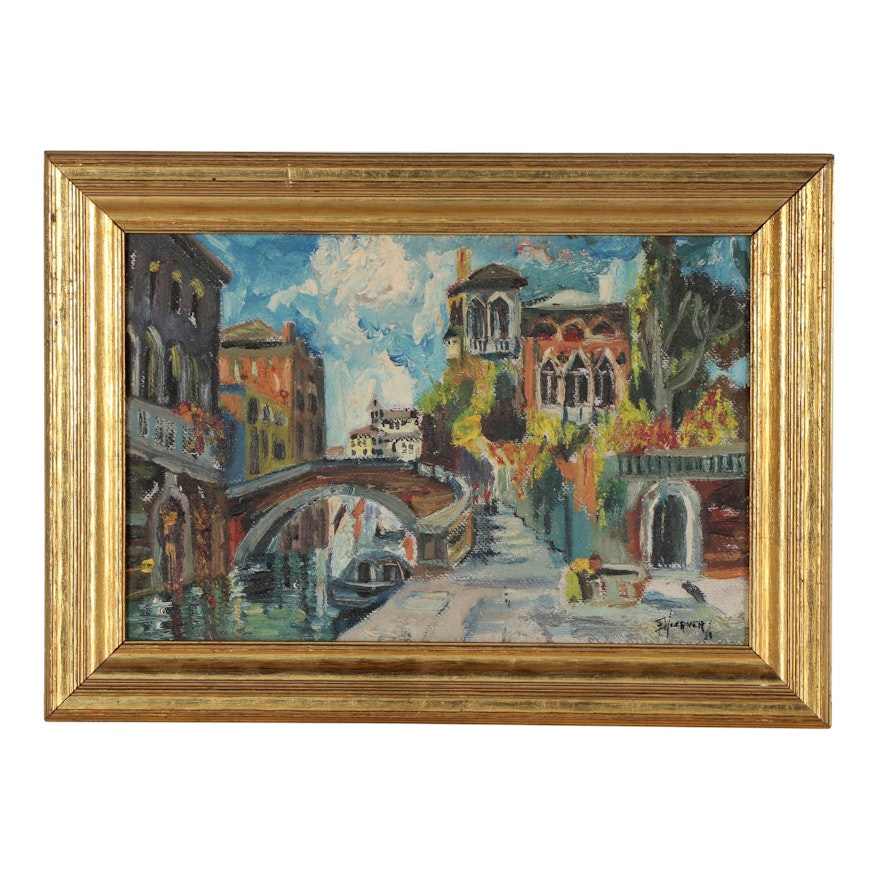 Ed Woerner Oil Painting of Figural Street Scene, Mid 20th Century