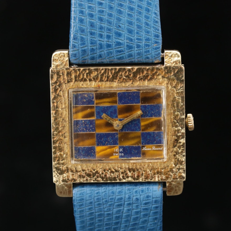 Lucien Piccard 14K Gold Stem Wind Wristwatch With Enamel Dial, Vintage