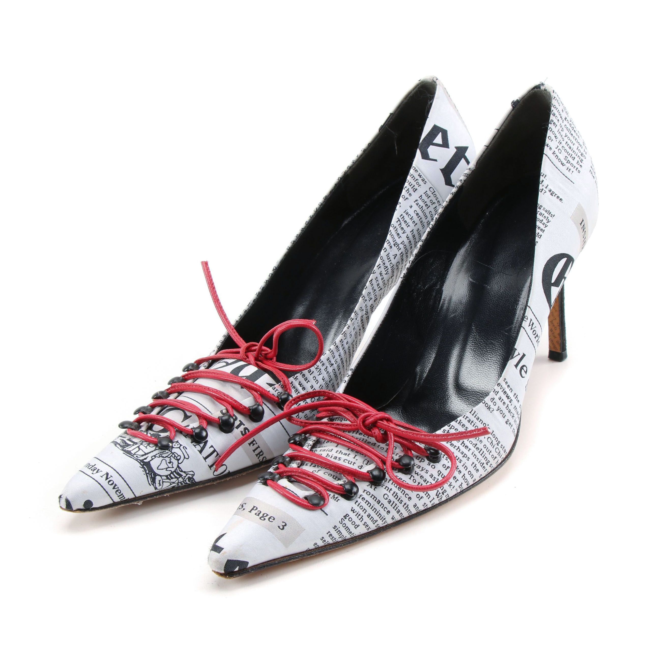 John Galliano Satin Newspaper Graphic Red Leather Escarpin Lacet High Heel Pumps