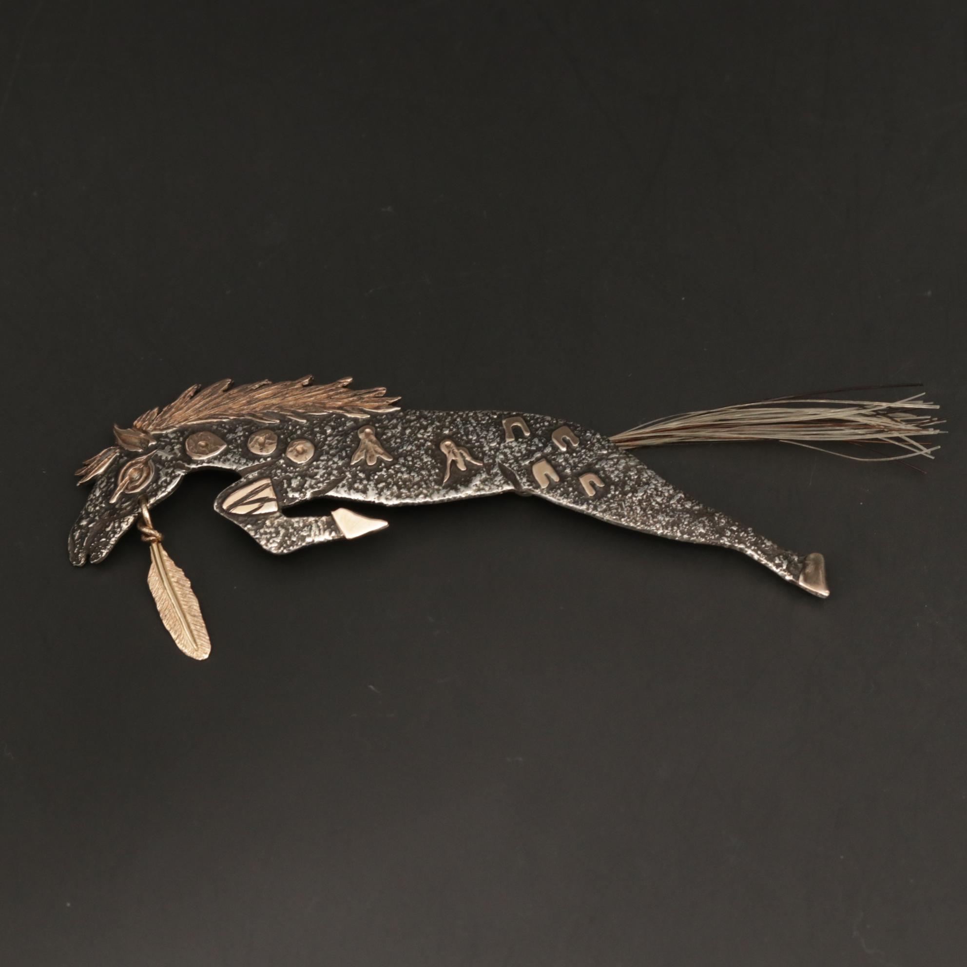 Michael Little Elk Lakota Sterling Horse Brooch with 14K Accent and Horse Hair