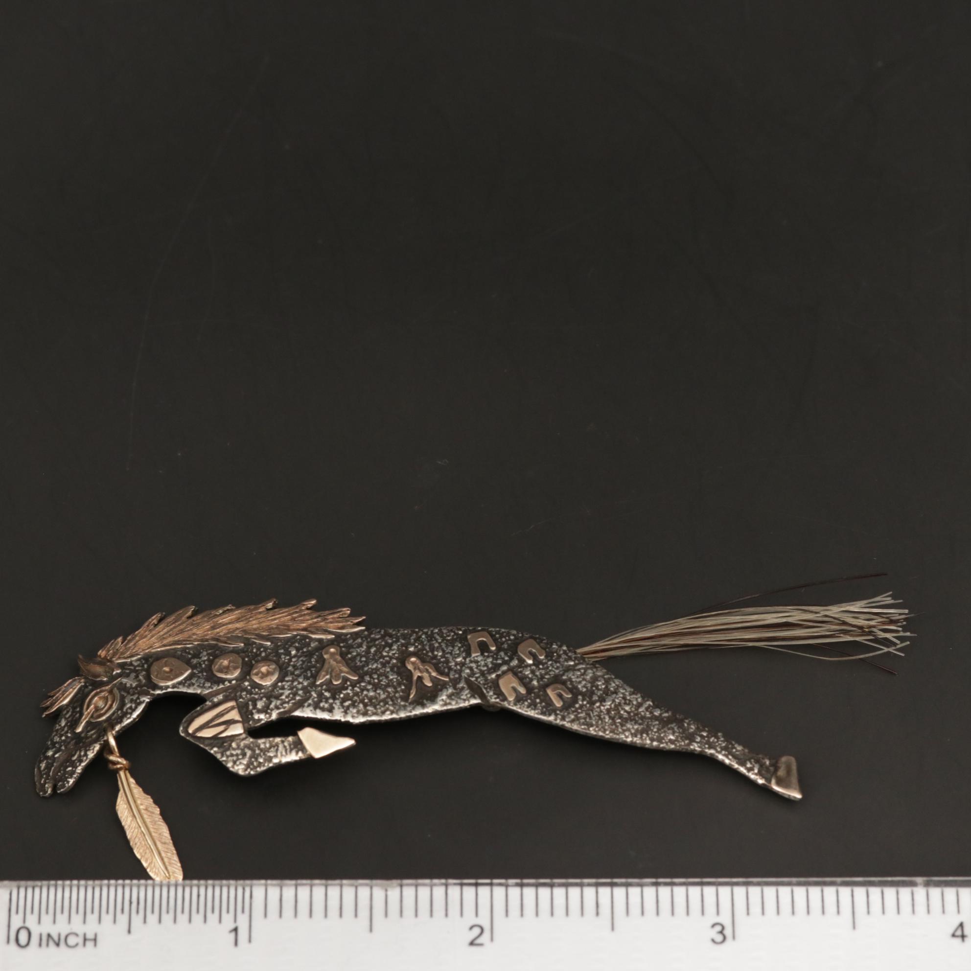 Michael Little Elk Lakota Sterling Horse Brooch with 14K Accent and Horse Hair