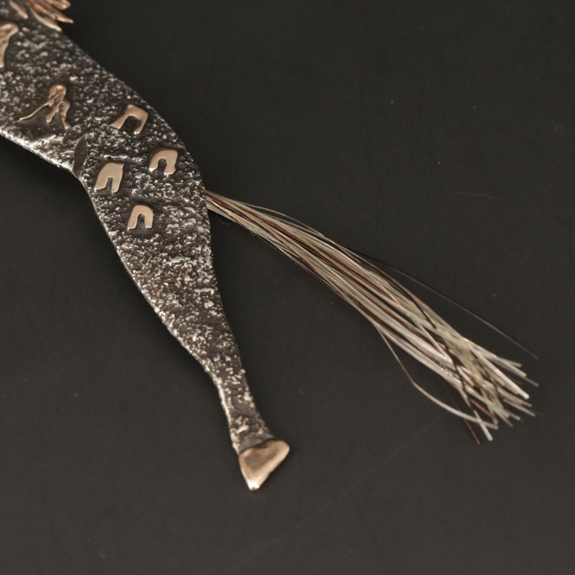 Michael Little Elk Lakota Sterling Horse Brooch with 14K Accent and Horse Hair