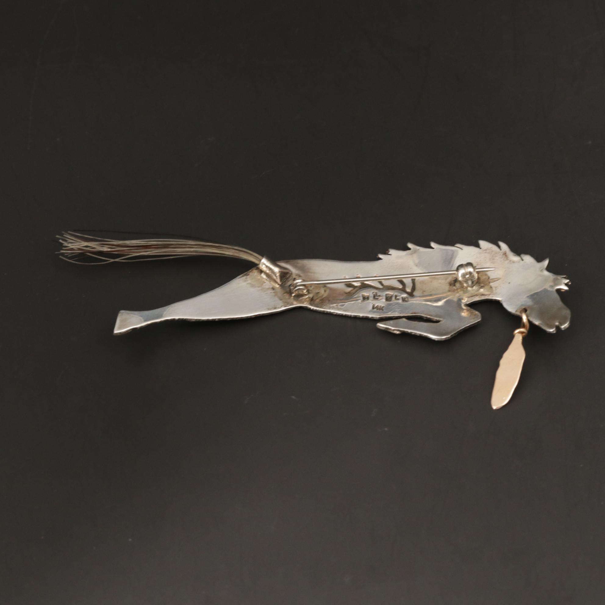 Michael Little Elk Lakota Sterling Horse Brooch with 14K Accent and Horse Hair