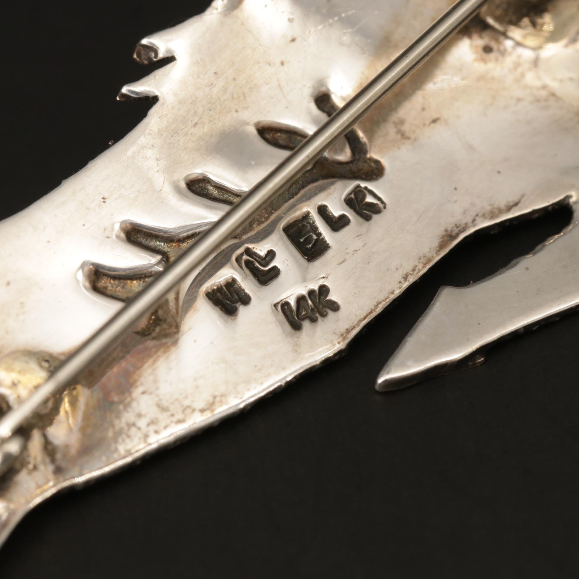 Michael Little Elk Lakota Sterling Horse Brooch with 14K Accent and Horse Hair