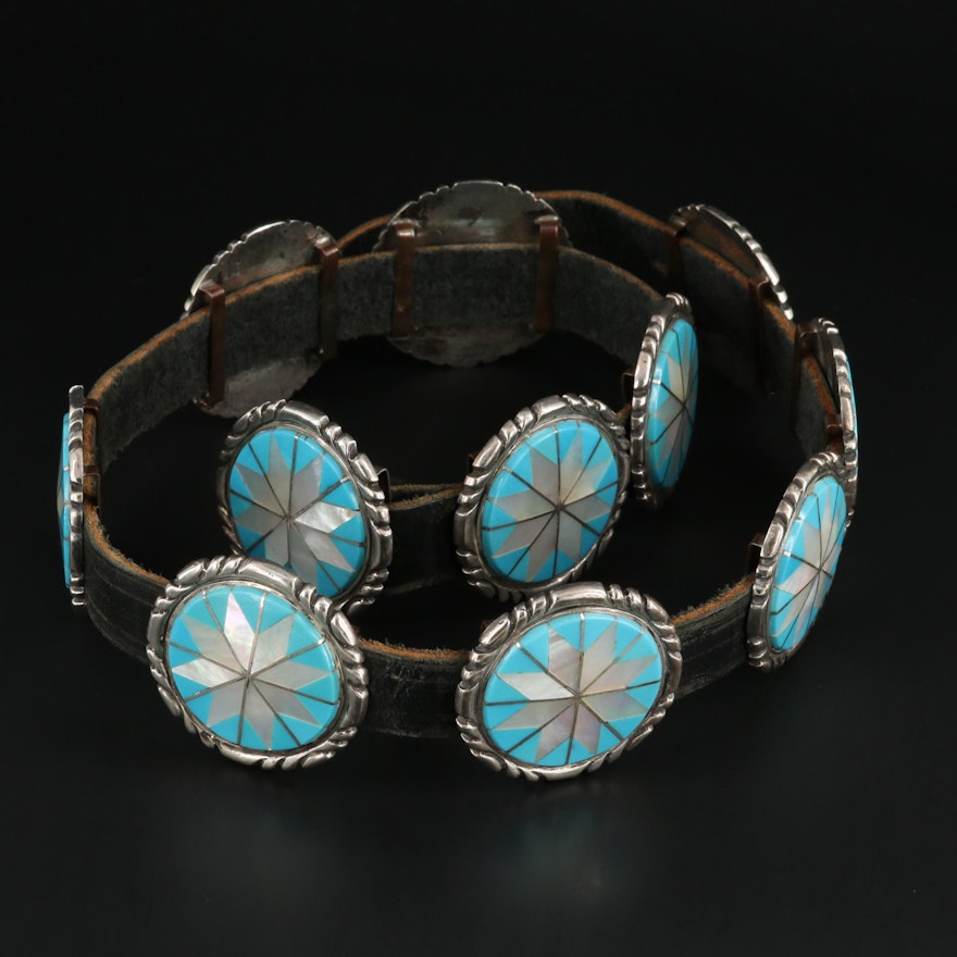 Sterling Silver, Mother-of-Pearl and Turquoise Inlay Concho Leather Belt