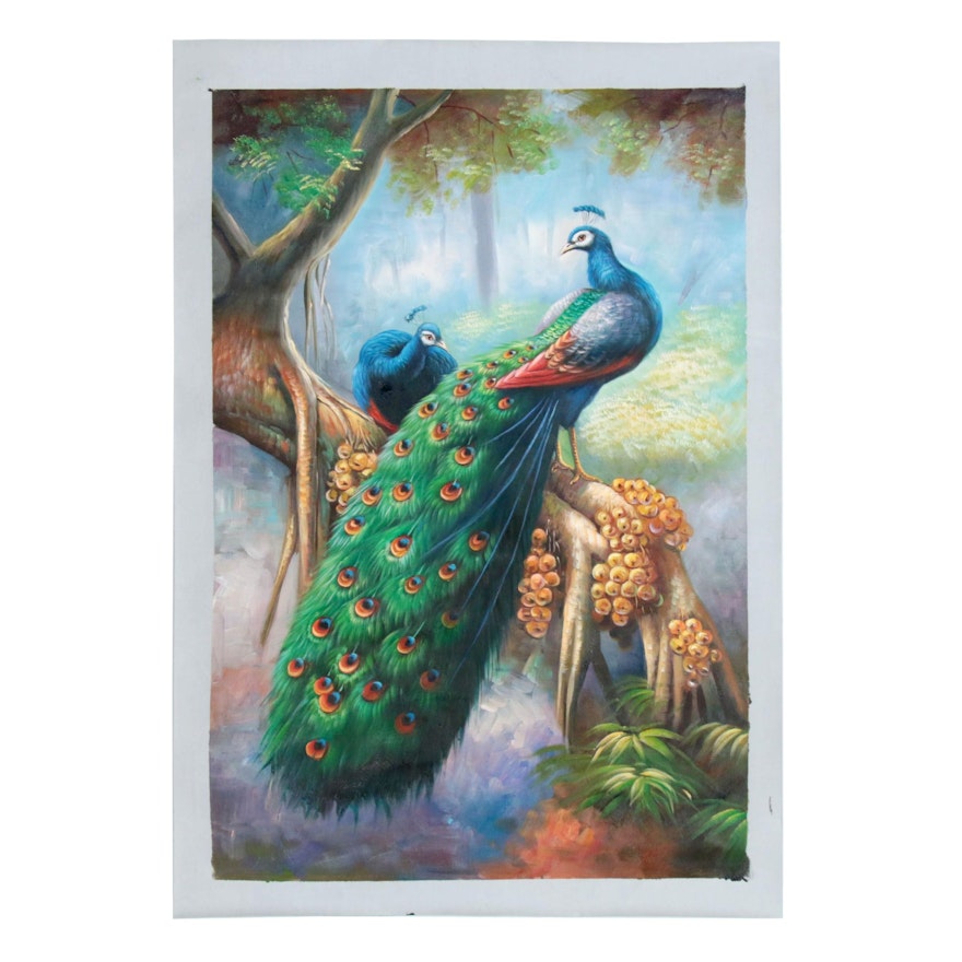 Oil Painting of Peacocks in Forested Landscape