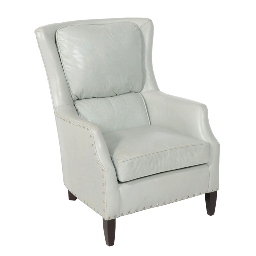 Arhaus Sky Blue Leather Armchair, Contemporary