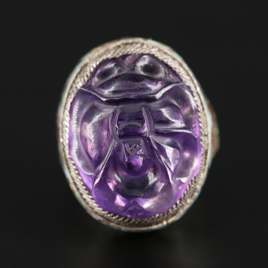 Vintage Sterling Silver Amethyst Ring with Floral Enamel Accents