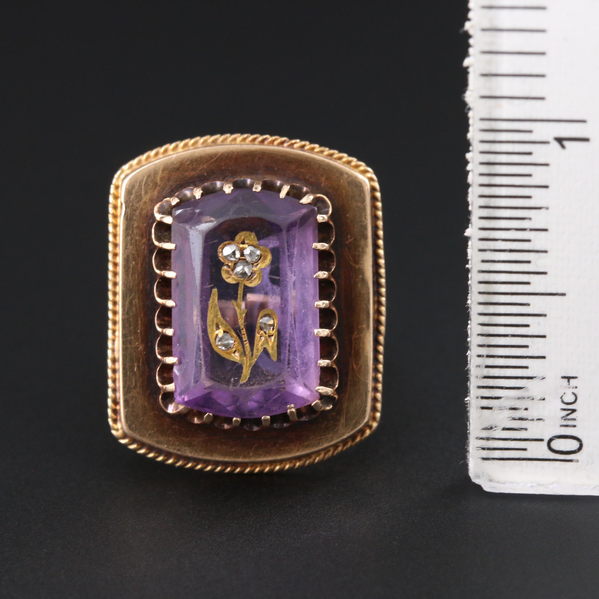 Mid Victorian 14K Yellow Gold Diamond and Amethyst Ring