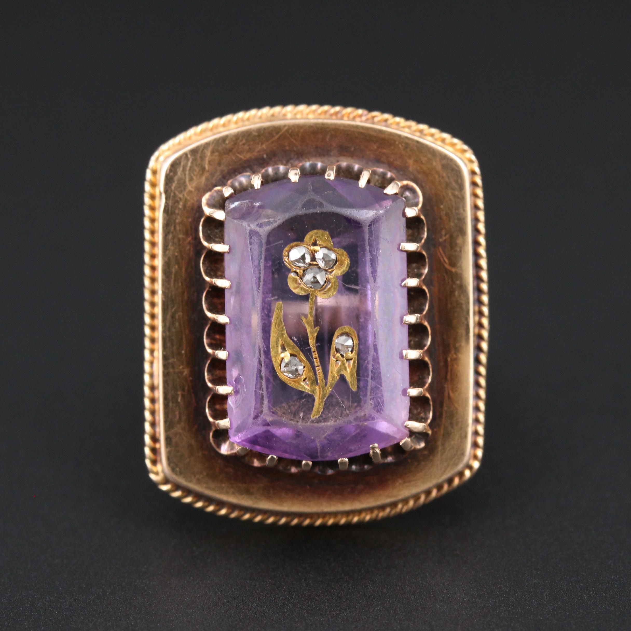 Mid Victorian 14K Yellow Gold Diamond and Amethyst Ring