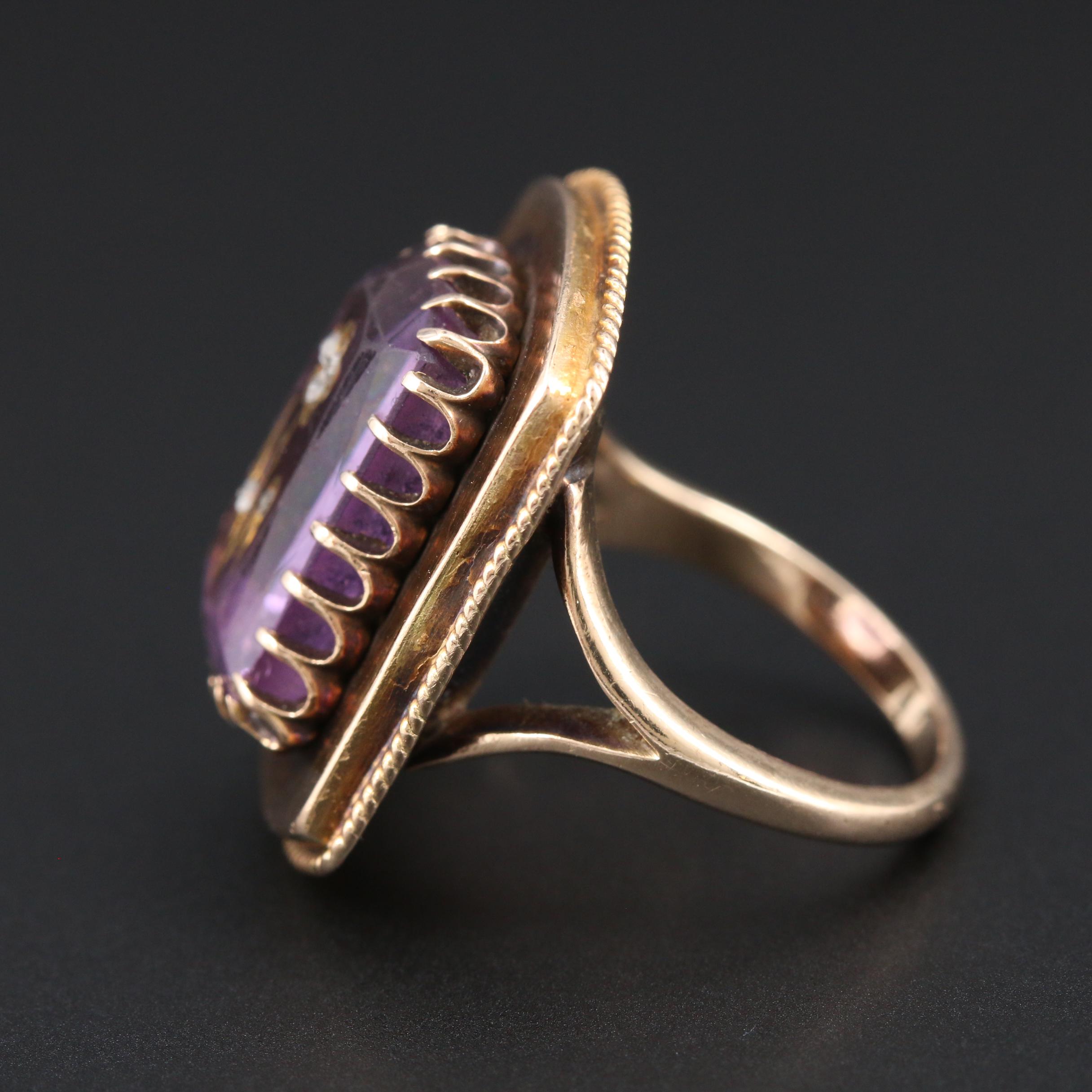 Mid Victorian 14K Yellow Gold Diamond and Amethyst Ring