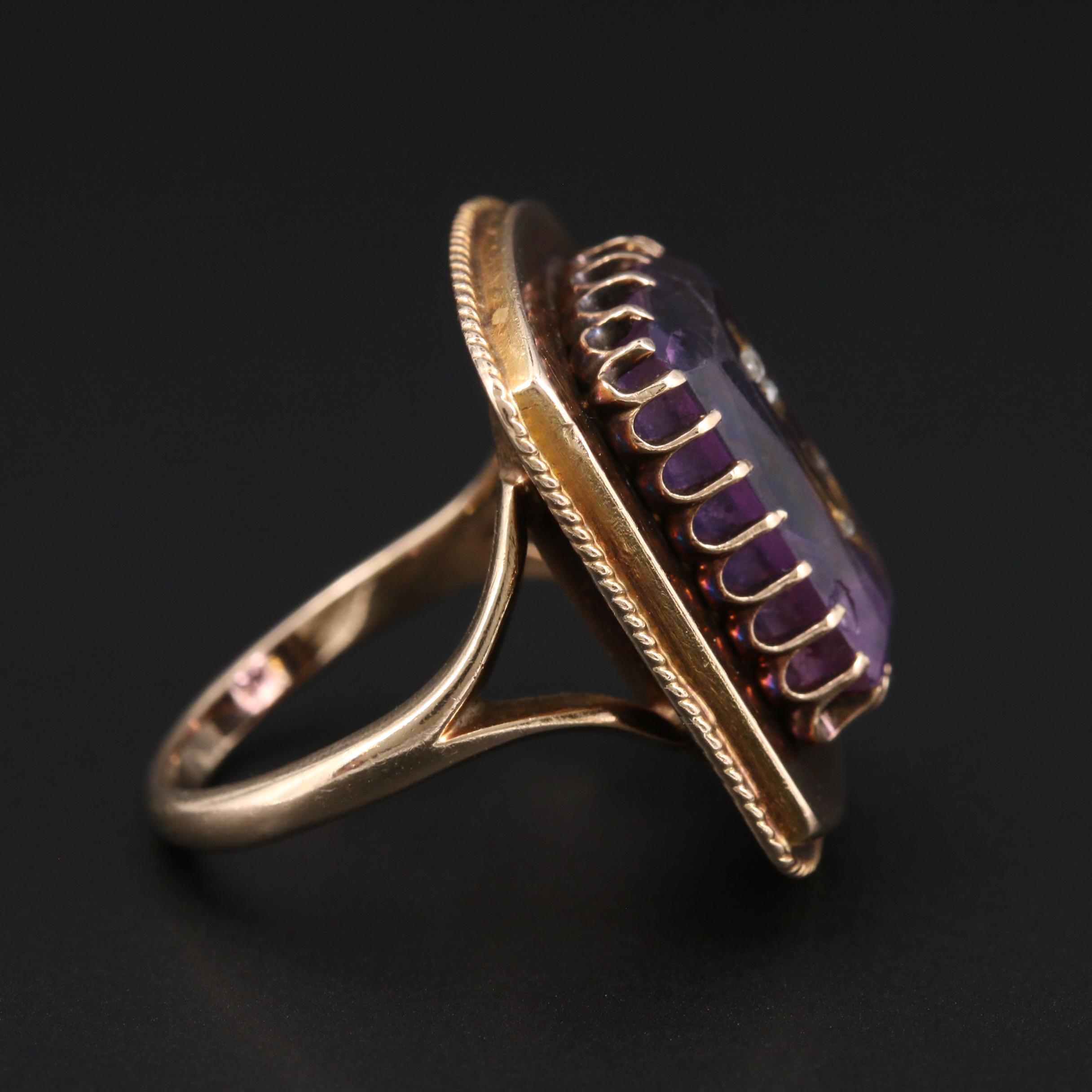 Mid Victorian 14K Yellow Gold Diamond and Amethyst Ring
