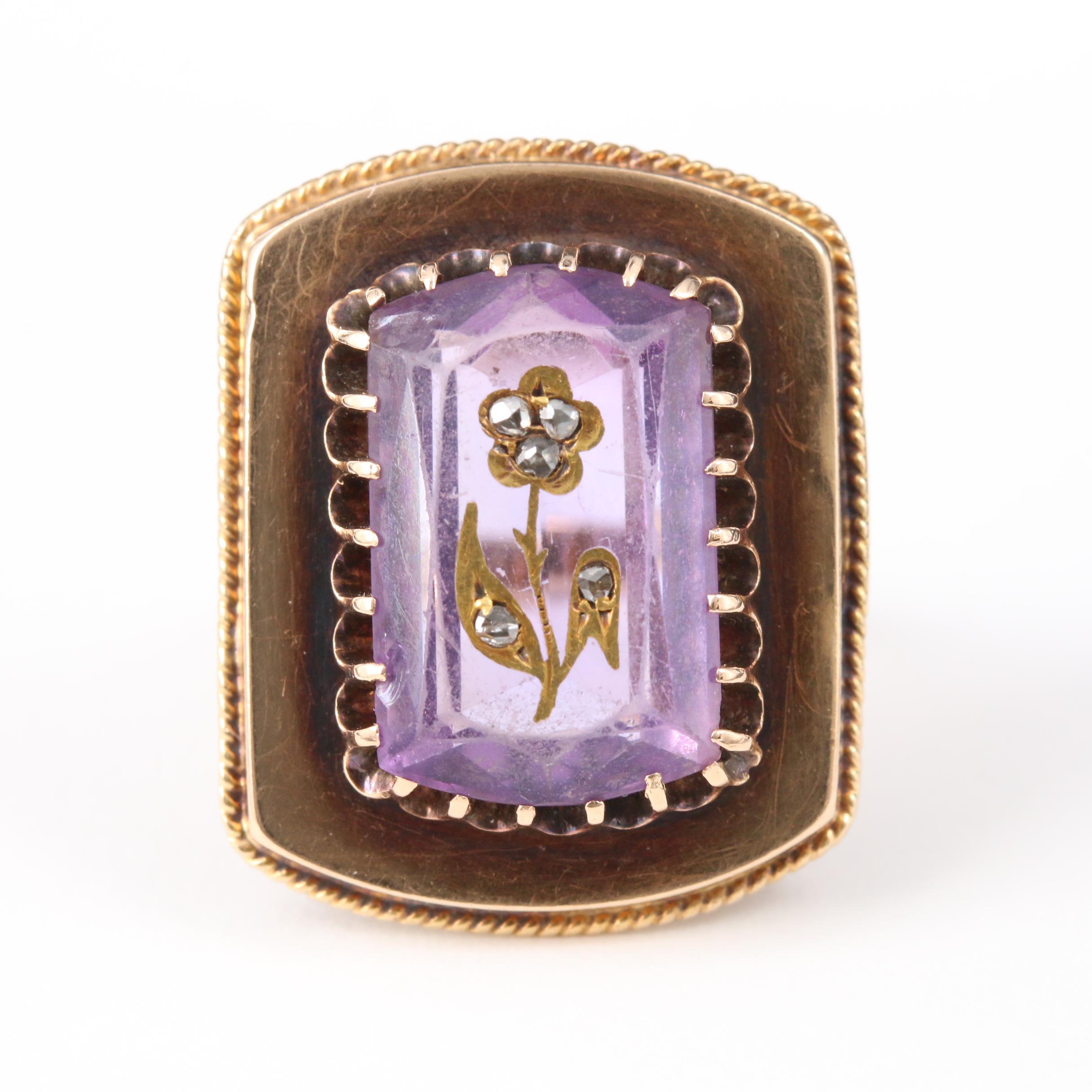 Mid Victorian 14K Yellow Gold Diamond and Amethyst Ring