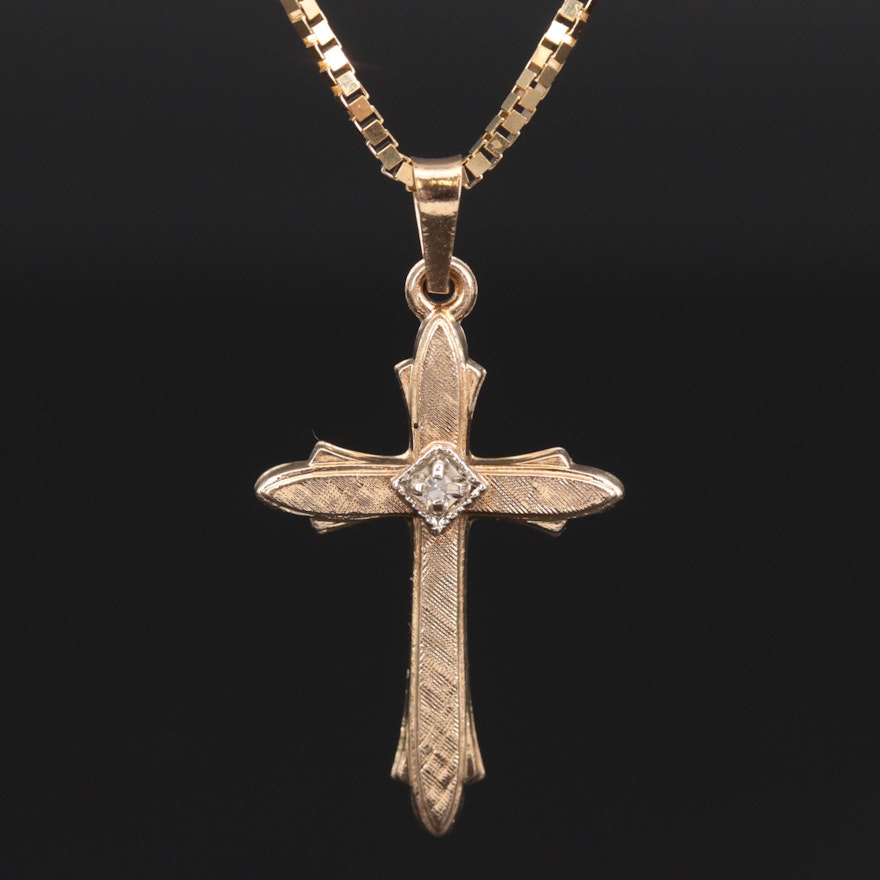 14K Yellow Gold Diamond Cross Pendant Necklace