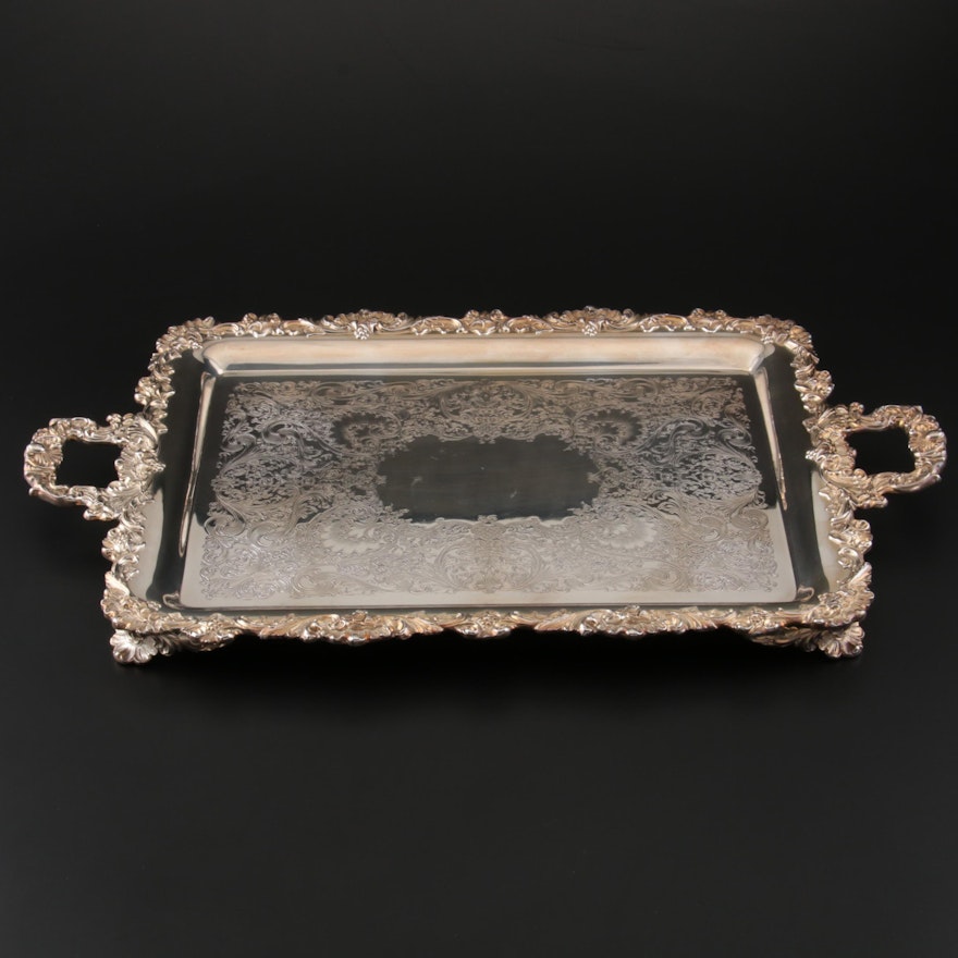 Wilcox "English Scroll" Silver Plate Footed Waiter Tray, Mid-Century