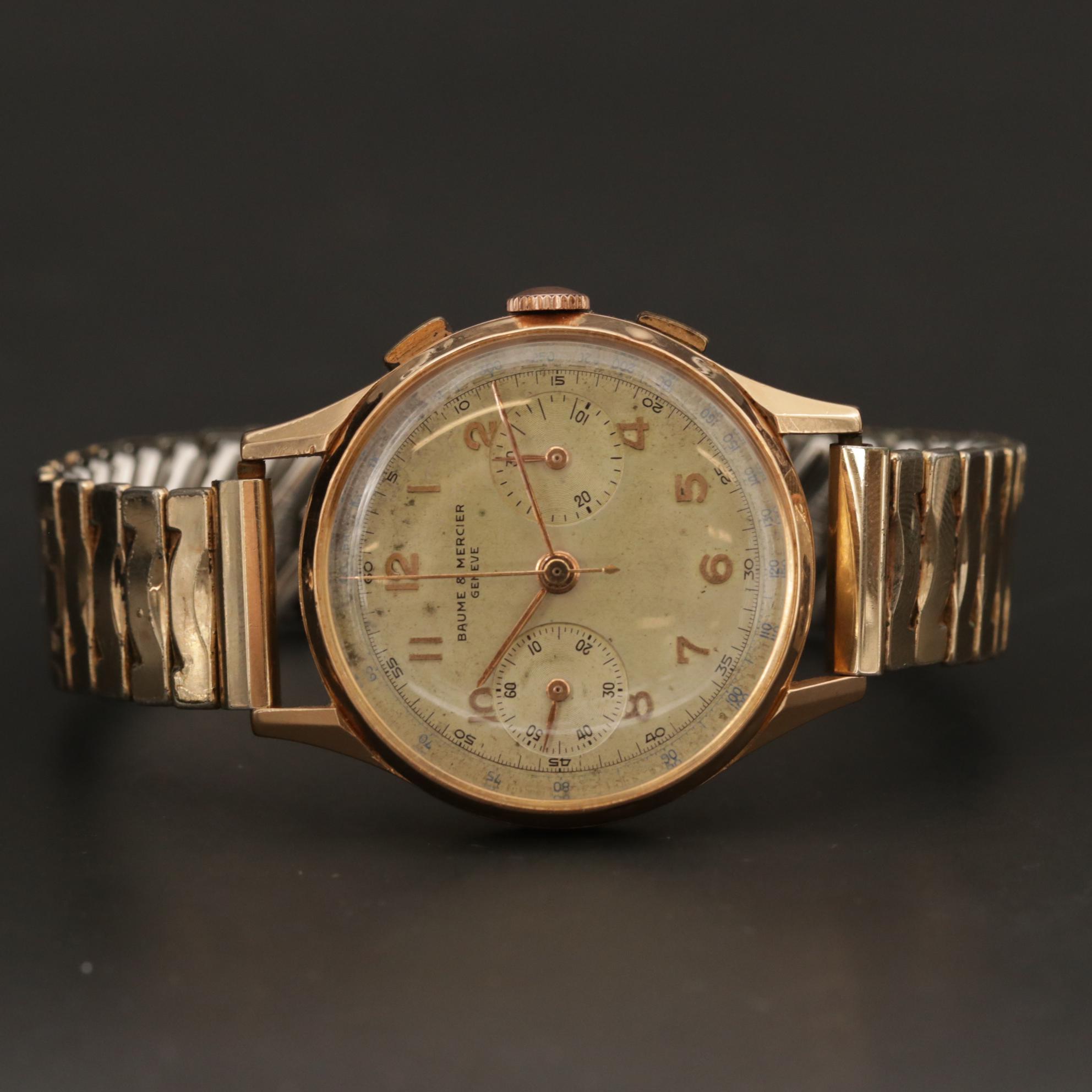 Vintage Baume & Mercier 18K Rose Gold Stem Wind Chronograph Watch
