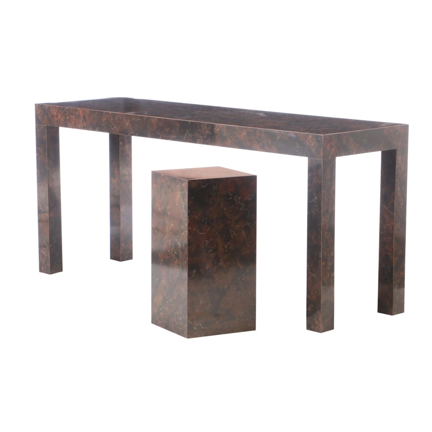 Faux Marble Veneer Table and Pedestal Display Stand, Late 20th Century