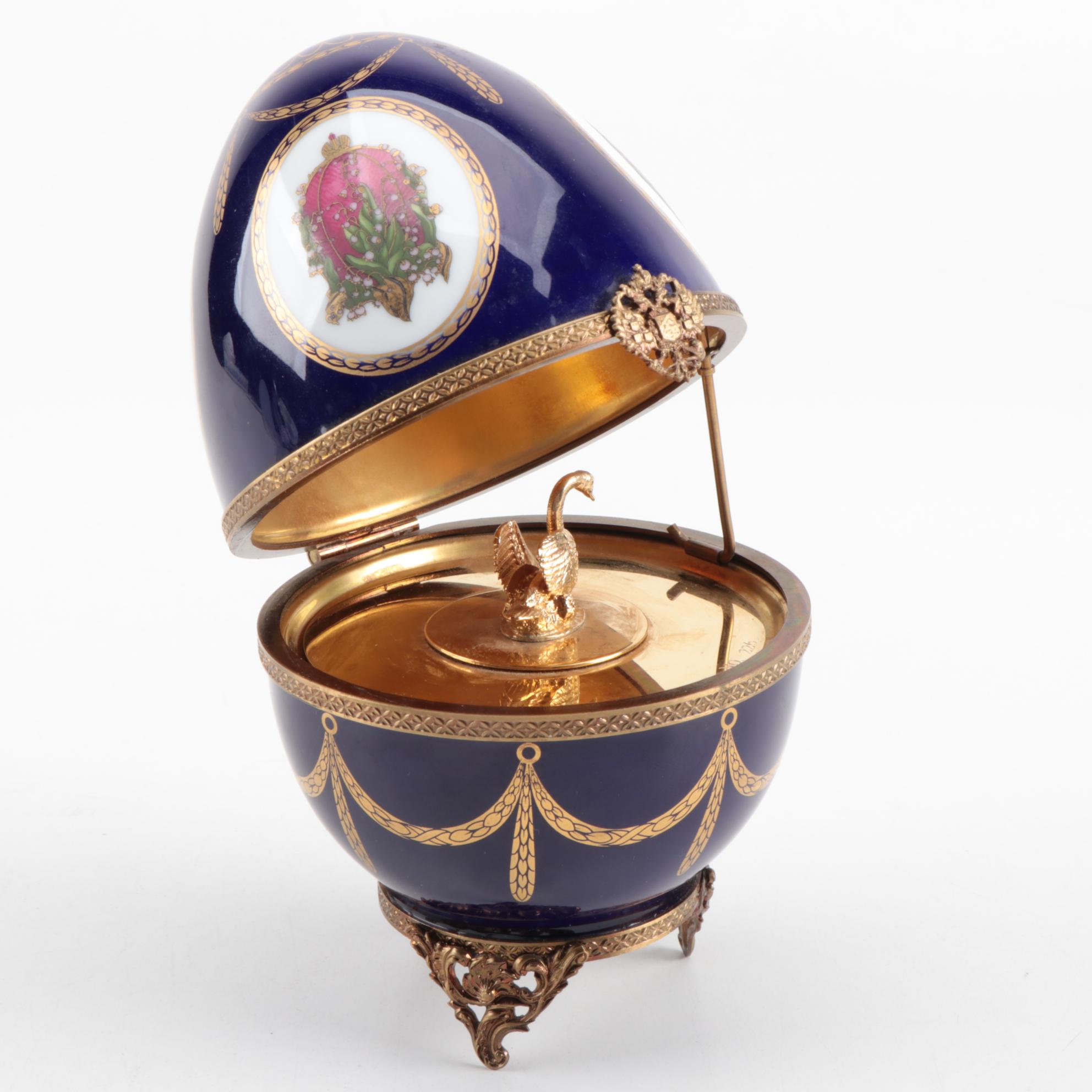 Faberge Limoges Egg Music Box with Gilt Sterling Silver Interior and Swan