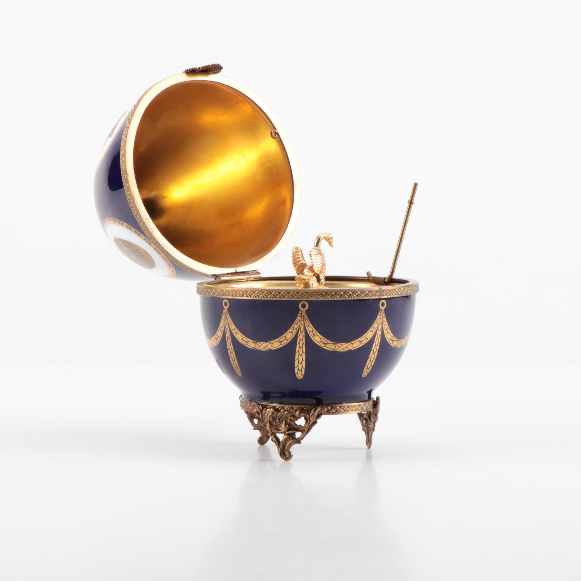 Faberge Limoges Egg Music Box with Gilt Sterling Silver Interior and Swan
