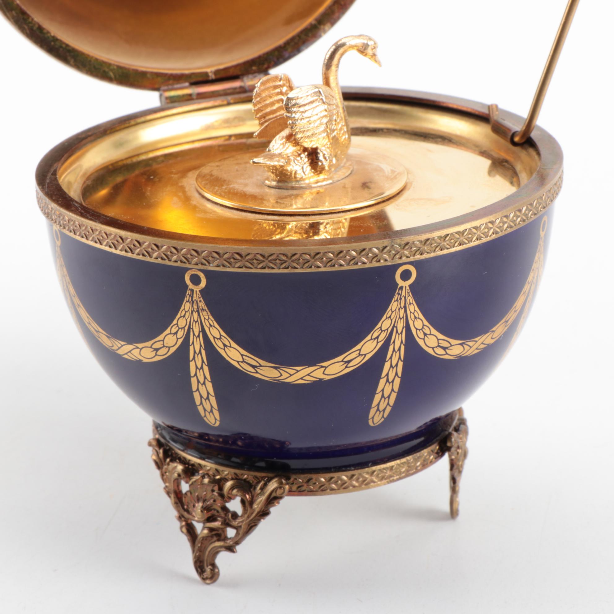 Faberge Limoges Egg Music Box with Gilt Sterling Silver Interior and Swan