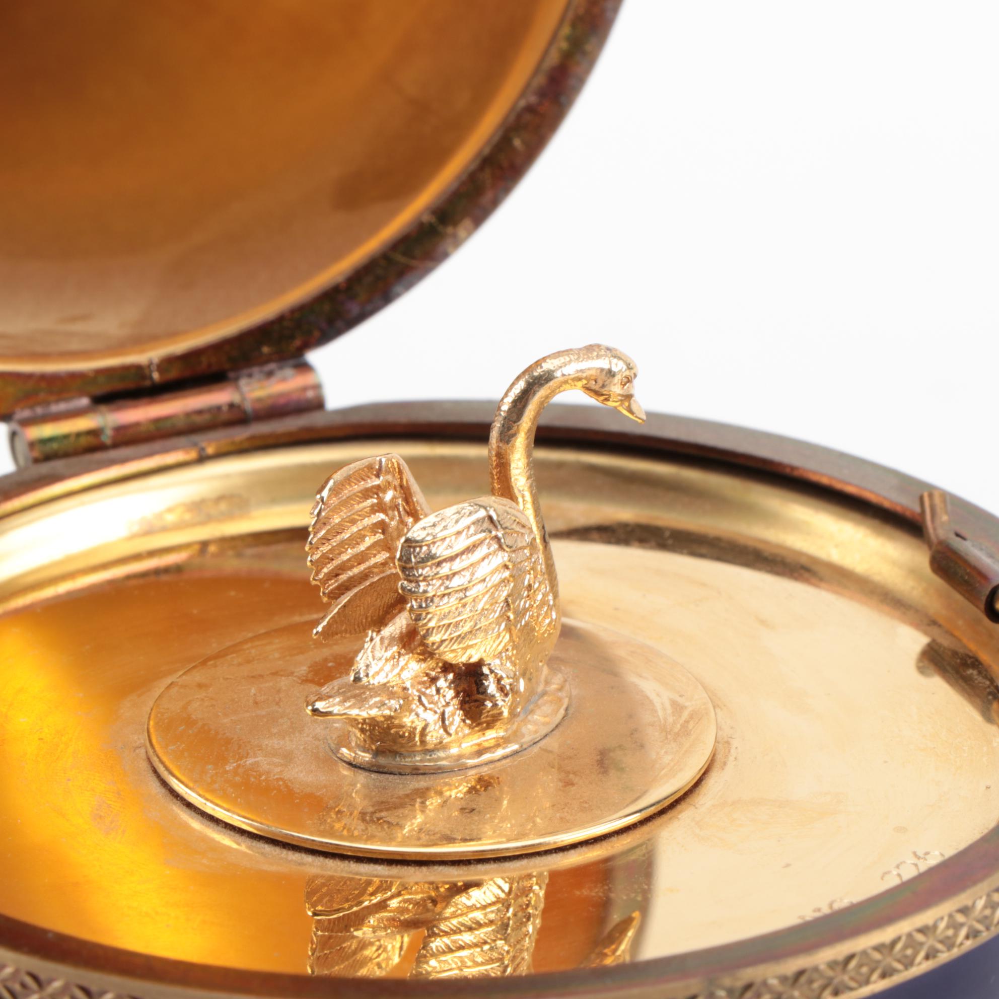 Faberge Limoges Egg Music Box with Gilt Sterling Silver Interior and Swan