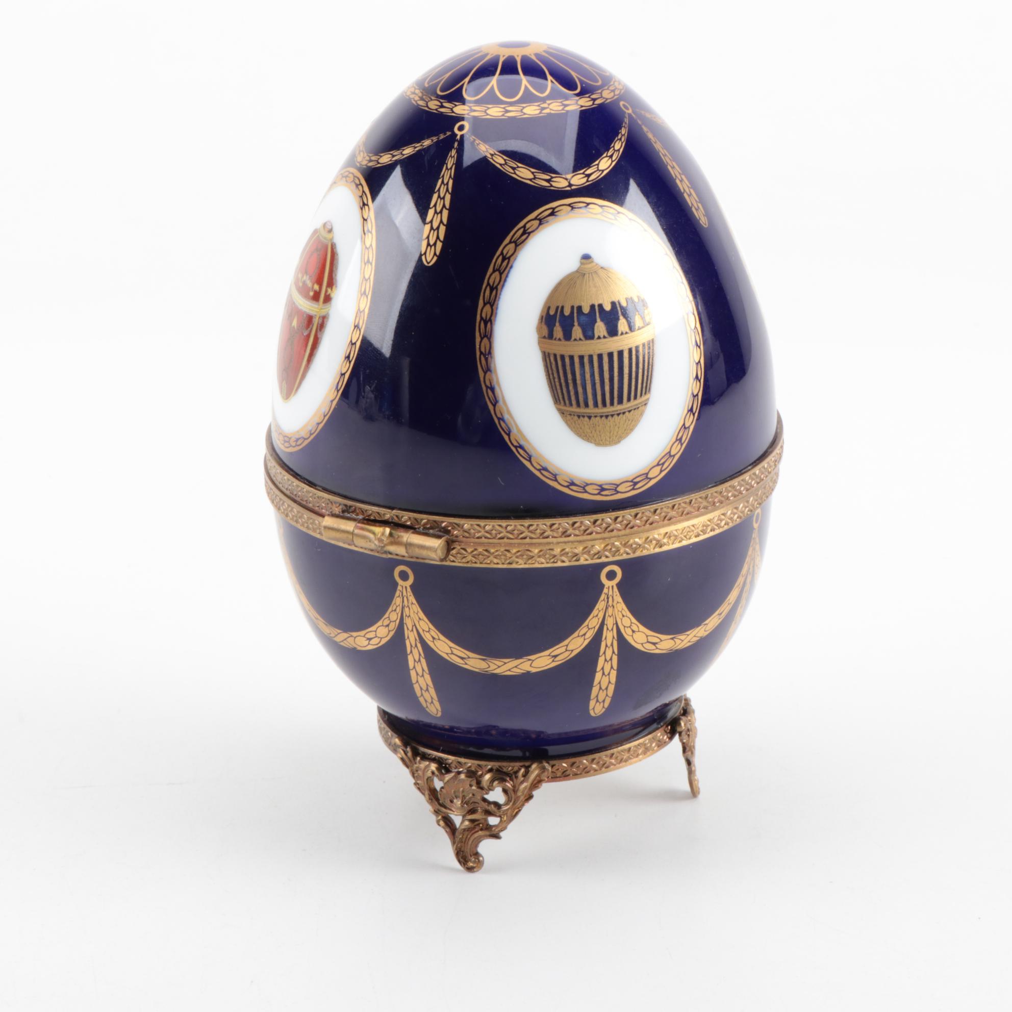 Faberge Limoges Egg Music Box with Gilt Sterling Silver Interior and Swan