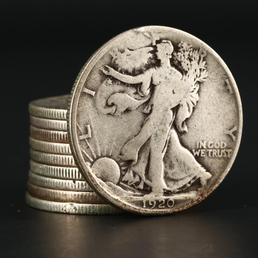 Ten Walking Liberty Silver Half Dollars Ranging from 1920-1929