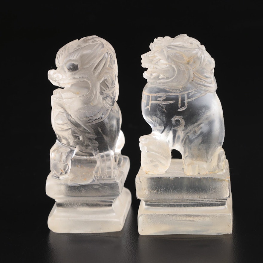 Chinese Etched Glass Guardian Lion Figurines, Vintage