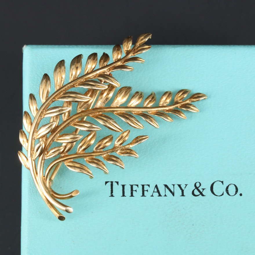 Vintage Tiffany & Co. 18K Yellow Gold Leaf Motif Brooch with Box