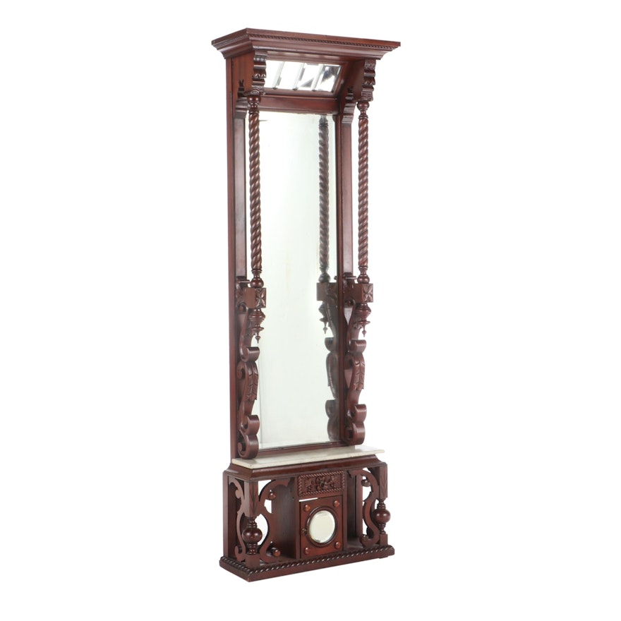 Late Victorian Mahogany-Stained and White Marble Pier Mirror