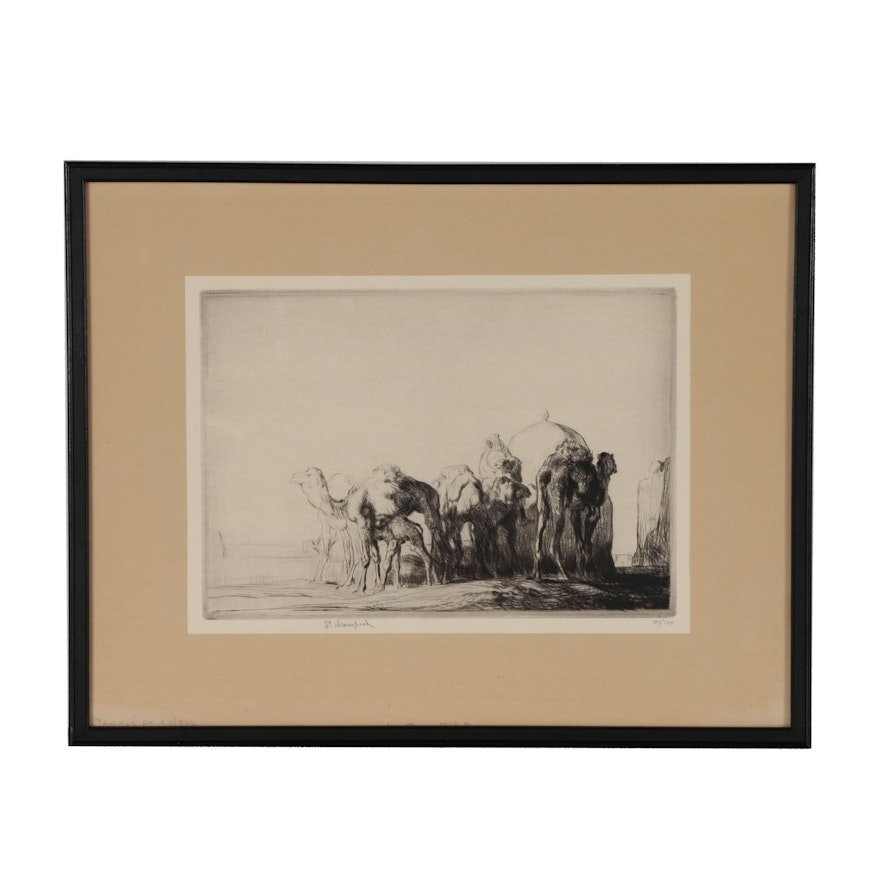 Edmund Blampied Drypoint Etching "Camels at a Well", circa 1928