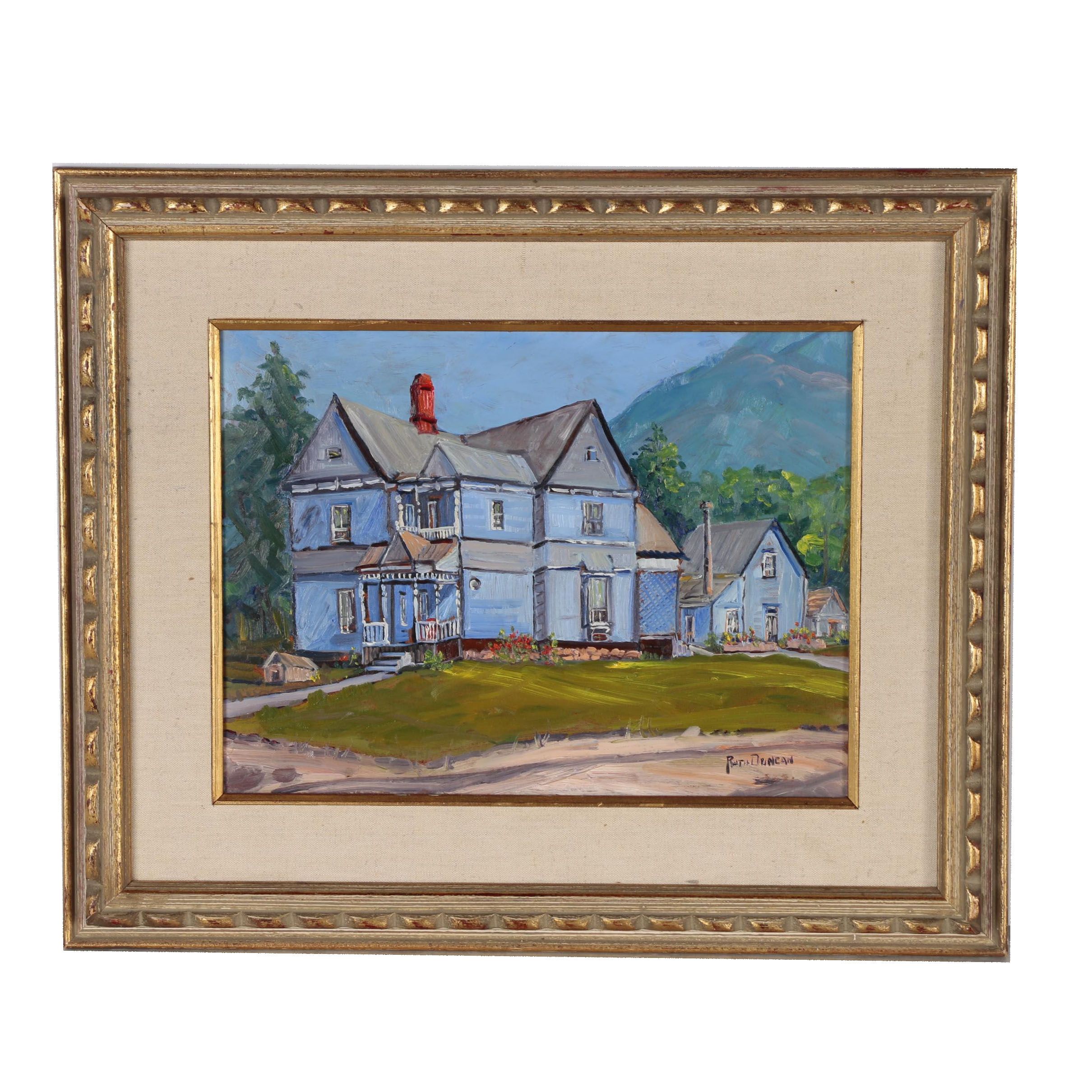 Ruth Duncan Oil Painting of a Blue House