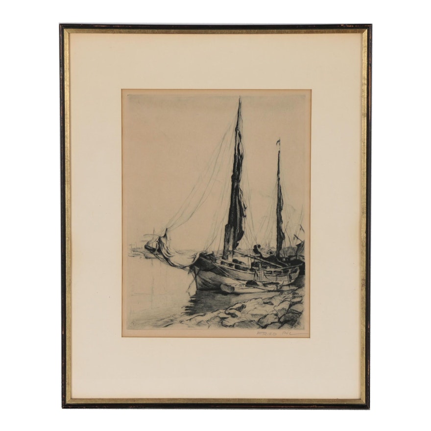 Pál Fried Drypoint Etching of Harbor with Sailboats