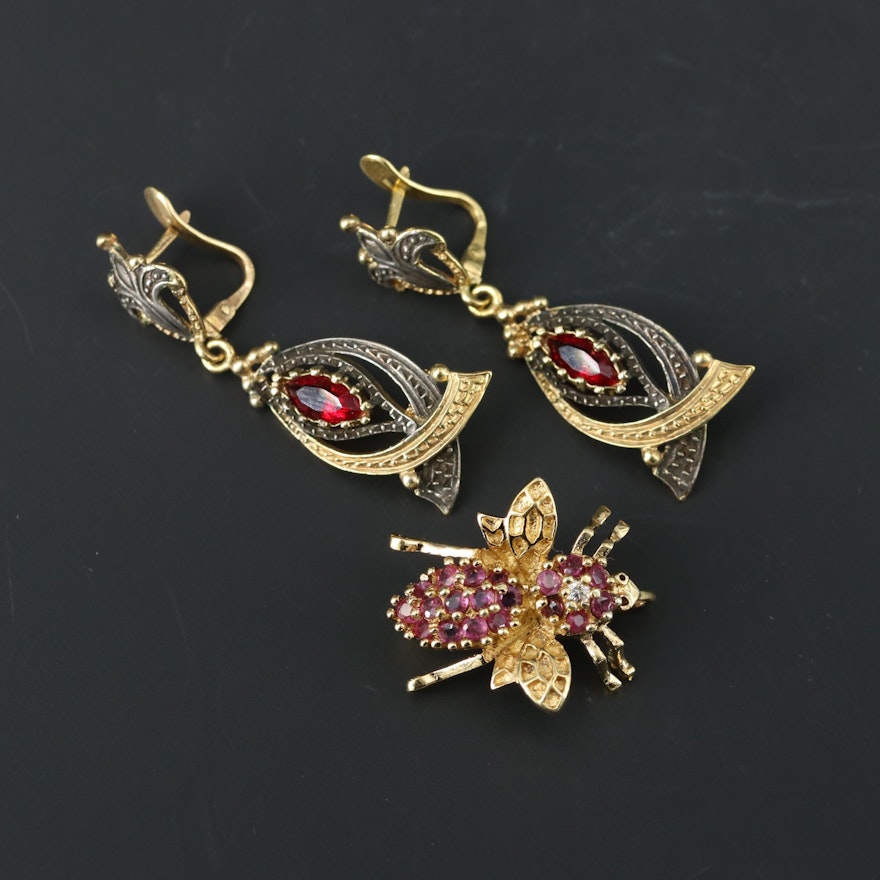 Sterling Earrings and Converter Brooch Featuring Ruby, Glass and Cubic Zirconia