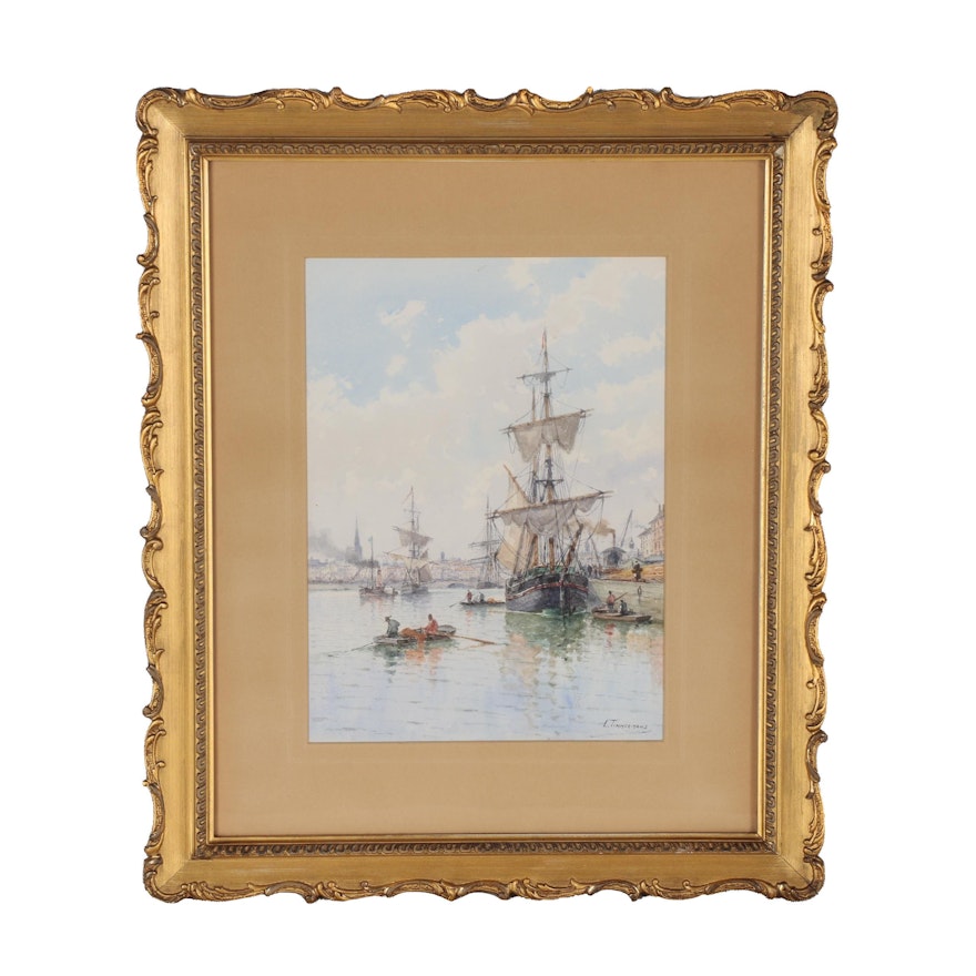 Louis Étienne Timmermans Maritime Watercolor Painting, Late 19th Century