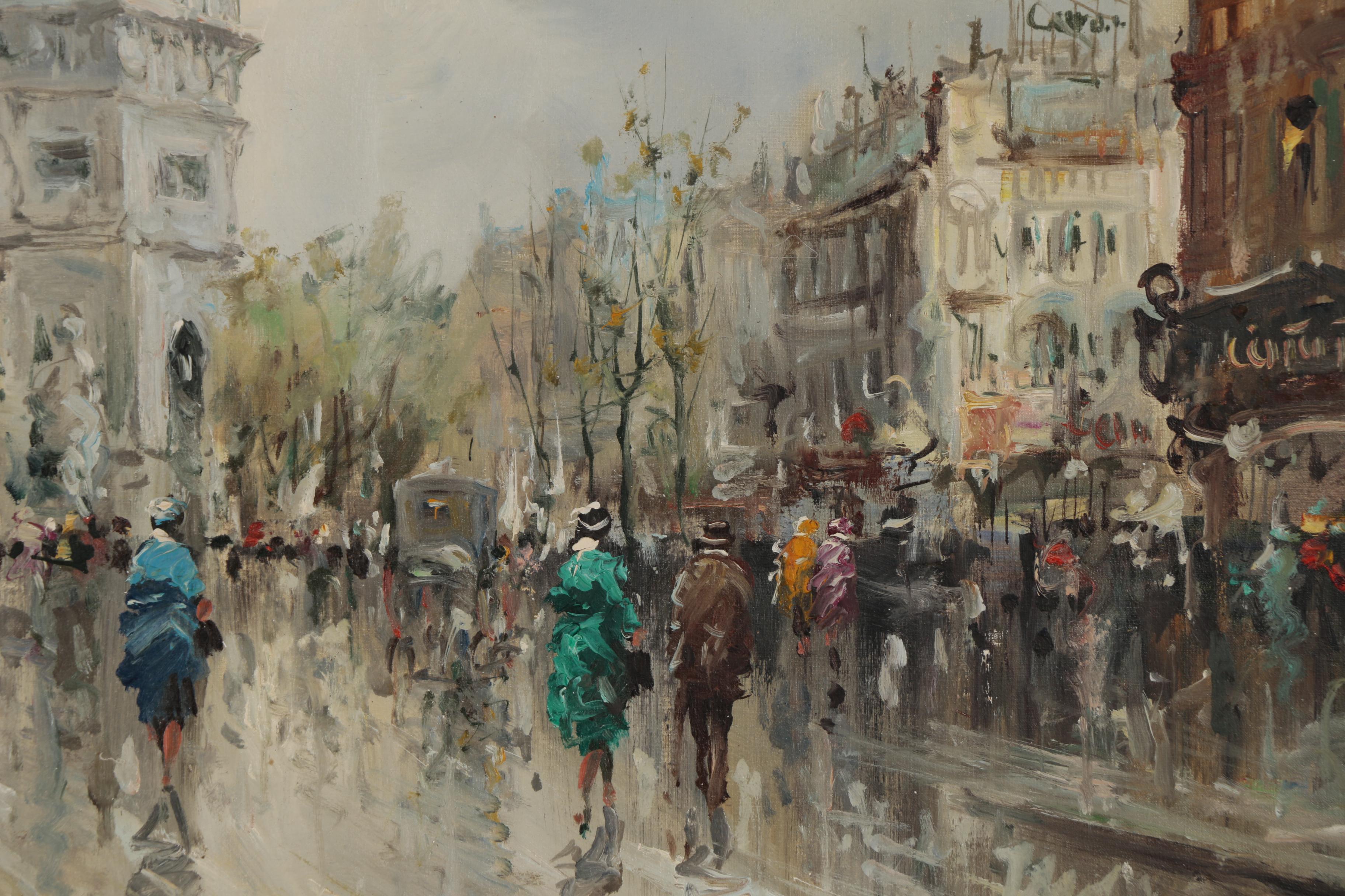 Pietro Demone Oil Painting of Parisian Street Scene with Arch de Triomphe