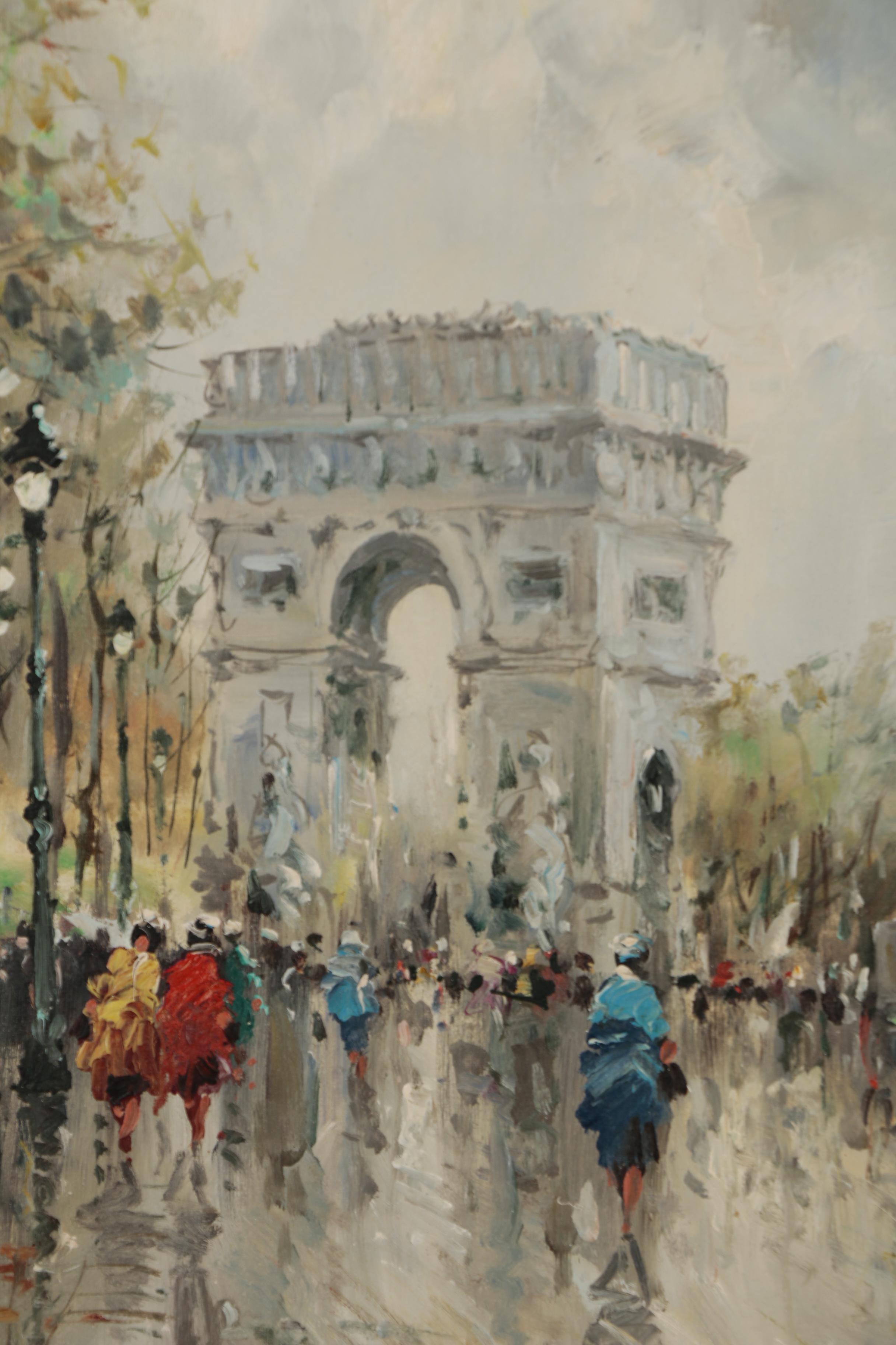 Pietro Demone Oil Painting of Parisian Street Scene with Arch de Triomphe