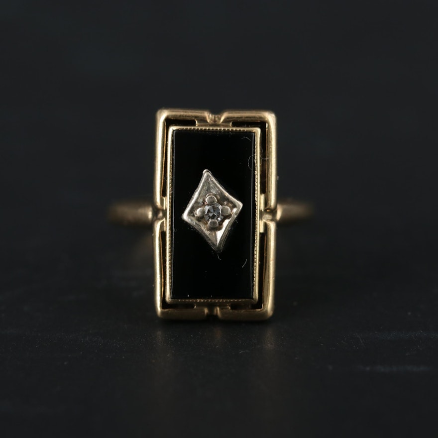 Art Deco 10K Yellow Gold Diamond and Onyx Ring with White Gold Accents